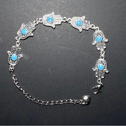 Sky Blue Vintage European Alloy Enamel Hamsa Hand Link Chain Bracelets for Women, Silver Color Plated, Sky Blue, 6.10 inch(15.5cm)
