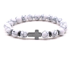 Turquesa Sintético Pulseras elásticas redondas de cuentas de turquesa sintética teñida de 8 mm con cruz de hematita sintética no magnética, blanco, 7.48 pulgada (19 cm)