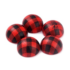 Red Tartan Design Natural Wooden Cabochons, Half Round, Red, 15x8mm