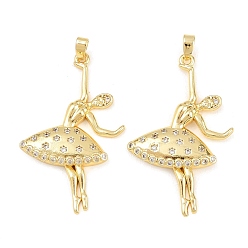 Настоящее золото 18K Латунные микропаве прозрачные подвески с фианитом, Балерина прелести, реальный 18 k позолоченный, 38.5x23.5x3.5 мм, отверстие : 5.5x2.5 мм