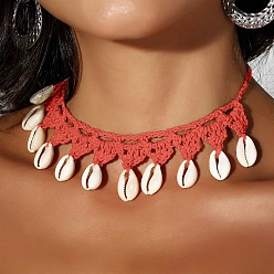 Лосось Ожерелья-чокеры ручной работы из полиэстерового шнура в стиле бохо с кисточками из натуральных ракушек каури для женщин, salmon, 15.75~23.62 дюйм (40~60 см)