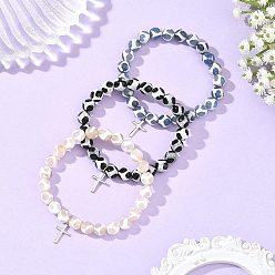 Mixed Color 3Pcs 3 Colors Tibetan Style Turtle Back Pattern dZi Round Beaded Stretch Bracelet Sets, 201 Stainless Steel Religion Cross Charm Adjustable Stackable Bracelets, Stainless Steel Color, Mixed Color, Inner Diameter: 2.05 inch(5.2cm), 1pc/color