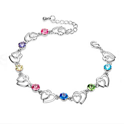 Platinum SHEGRACE Fashion Platinum Plated Brass Bracelet, Hearts with Multicolor Austrian Crystal, 160x10mm