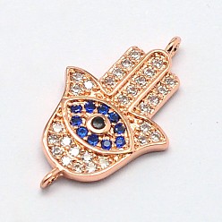Розовое Золото Hamsa рука / рука fatima / рука Miriam латунь микро проложить кубические циркониевые ссылки, без кадмия, без никеля и без свинца, долговечный, розовое золото , 18x11x2 мм, отверстие : 1 мм