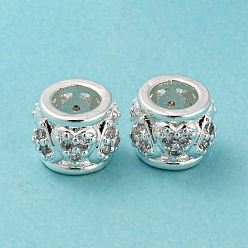 Серебро Латунные микро проложить Цирконий Европейский бисером, бусины с большим отверстием, долговечный, без свинца и без кадмия, бочка с сердцем, серебряные, 9x7 мм, отверстие : 5 мм