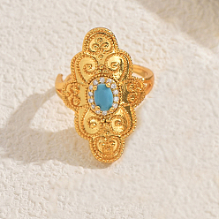 Бирюза Винтажные геометрические латунные кольца с паве из кубических цирконий для женщин, цветок, бирюзовые, 30x18 мм, внутренний диаметр: 16мм~18мм