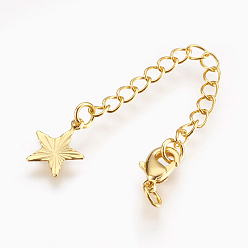 Real 18K Gold Plated Eco-Friendly Brass Chain Extender, with Lobster Claw Clasps, Cadmium Free & Nickel Free & Lead Free, Long-Lasting Plated, Star, Real 18K Gold Plated, 72x3mm, Hole: 2.5mm, Clasps: 10x6x3mm