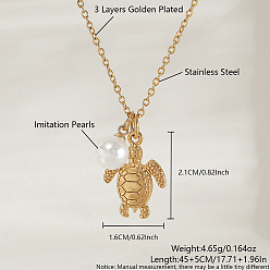 Turtle Океан 204 подвеска из нержавеющей стали с изображением морских животных, цепочка-ожерелье для женщин, с круглыми бусинами из белого искусственного жемчуга, реальный 18 k позолоченный, черепаха, 17.72 дюйм (45 см), Кулон : 21x16 мм