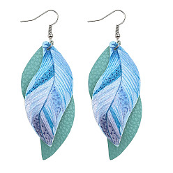 Светло-Голубой Кожзаменитель болтаться серьги, перо с листом, платина, Небесно-голубой, 95 мм