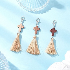 Платина Подвесные украшения с кисточками из синтетической бирюзы и полиэстера, окрашенные распылением, крестик, Сплав с застежками когтя омара, платина, 65~70 мм