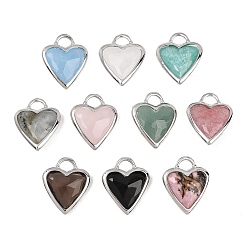 Смешанные камни Граненые подвески из натуральных смешанных камней, Подвески в форме сердца из латуни с драгоценными камнями в оправе, смешанные окрашенные и неокрашенные, граненые, платина, 22x18.5~19x7 мм, отверстие : 5x4 мм