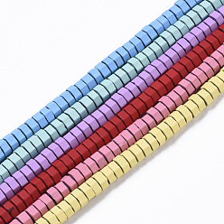 Misty Rose Spray Painted Non-magnetic Synthetic Hematite Beads Strands, Hexagon, Misty Rose, 4x2mm, Hole: 0.9mm, about 82~87pcs/strand, 16.14 inch(41cm)