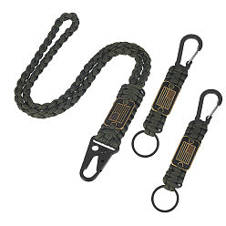 Dark Olive Green 2Pcs Polyester Cord Rope Rock Climbing, with Alloy Split Key Rings & 1Pc Polyester Braided Cord, Rectangle, Dark Olive Green, 160mm