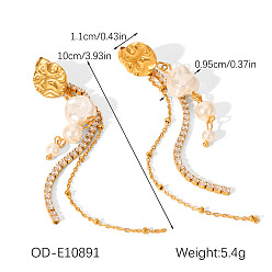 Golden 304 Stainless Steel & Clear Cubic Zirconia & Natural Freshwater Pearl Tassel Stud Dangle Earrings, Golden, 100mm