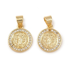 Прозрачный Латунные микро проложить кубического циркония подвески, плоский круглый с подвесками Святого Бенедикта, без свинца и без кадмия, долговечный, стойки покрытие, реальный 18 k позолоченный, прозрачные, 14.5x12x2 мм, отверстие : 4.5x3.5 мм