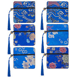 Темно-Синий 6 шт. шелковая ткань в китайском стиле с вышивкой, упаковочные пакеты на молнии с кисточками, для хранения колец серег браслетов, квадратный, темно-синий, 11.5x11.5x0.3 см