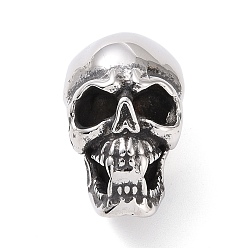 Argent Antique 304 embouts cordon d'acier inoxydable, polissage manuel, crane, argent antique, 24x14x15.5mm, embouchure : 3.5x6 mm, diamètre intérieur: 7.5x8 mm