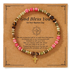 Смешанные камни Винтажные латунные браслеты с крестиками-подвесками, браслеты из натуральных смешанных драгоценных камней с круглыми бусинами для женщин и мужчин, с открытки, 6.89 дюйм (17.5 см)