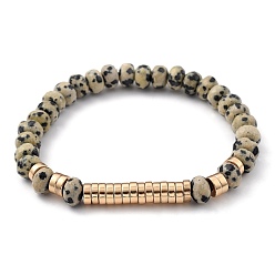 Dalmatiner Jaspis Unisex Stretch Perlen Armbänder, mit natürlichen dalmatinischen Jaspisperlen und nichtmagnetischen synthetischen Hämatitperlen aus Elektroplatten, golden, Innendurchmesser: 2-1/4 Zoll (5.8 cm)