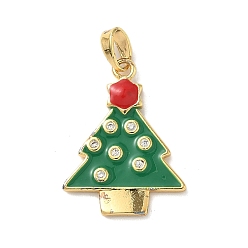Рождественская елка Рождественские латунные подвески с микропаве из фианита, с эмалью, золотые, рождественская елка, 22x17x2.5 мм, отверстие : 5x3 мм