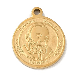 Золотой Ионное покрытие (ip) 304 подвески из нержавеющей стали, плоский круг с подвеской падре пио, золотые, 18x15x2 мм, отверстие : 1.6 мм