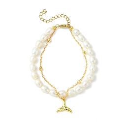 Creamy White Multi-Strand Bracelets, with Natural Pearl Beads, 304 Stainless Steel Lobster Claw Clasps, Brass Whale Tail Shape Charms & Cable Chains, Golden, Creamy White, 19cm(7-1/2 inch)