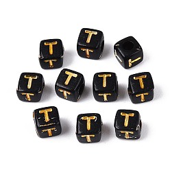 Letter T Непрозрачные акриловые бусины, золотой металл обвитыми, куб с письмом, чёрные, Письмо T, 4.5~5x4.5~5x4.5~5 мм, отверстие : 2 мм, Около 6250 шт / 500 г