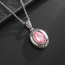 Pink Alloy Acrylic Oval Photo Locket Pendant Necklaces for Women, Antique Silver, Pink, 19.69 inch(50cm)
