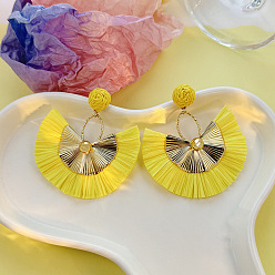 Желтый Серьги-гвоздики из сплава рафии в стиле бохо, золотые, желтые, 70x65 мм