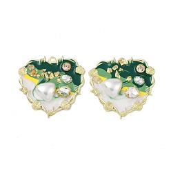 Green Rack Plating Alloy Enamel Pendants, with Resin, ABS Imitation Pearl Beads, Rhinestone and Glass Beads, Cadmium Free & Nickel Free & Lead Free, Heart, Green, 47x48.5x8mm, Hole: 2.5mm