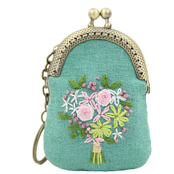 Цветок Набор для вышивки кошелька с замком поцелуй своими руками, включая ткань, пяльцы, иглы и нитки, металлическая ручка кошелька, инструкция, цветок, 70x55 мм