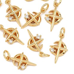 Real 18K Gold Plated SHEGRACE Brass Clear Cubic Zirconia Charms, Moon with Star Charms, Cadmium Free & Lead Free & Nickel Free, Real 18K Gold Plated, 12.5x7.5x2mm, Hole: 2mm