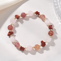 Смешанные камни Женские браслеты из натуральных бусин клубничного кварца, мадагаскарского розового кварца и красной яшмы, круглые, с Гальваническим немагнитных синтетическими гематита бисера, внутренний диаметр: 2.13 дюйм (5.4 см)