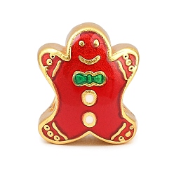 Gingerbread Man Рождественские латунные эмалевые европейские бусины, бусины с большим отверстием, золотые, Колобок, 13.5x11.5x7 мм, отверстие : 4 мм
