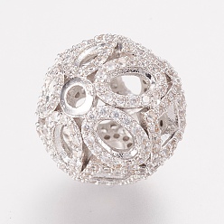 Platinum Brass Micro Pave Cubic Zirconia Beads, Round, Clear, Platinum, 14mm, Hole: 2mm