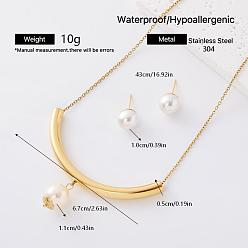 Round 304 Stainless Steel & Imitation Pearl Stud Earrings & Pendant Necklaces Sets for Women, Golden, Round, 430mm