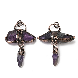 Аметист Природный аметист большие кулоны, подвески-самородки с латунной фурнитурой, Красная медь, 55~62x35~49x8~14 мм, отверстие : 6 мм