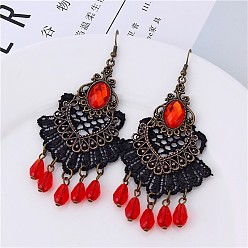 Красный Серьги-люстры из пластикового сплава, со стеклом, веер со слезой, античная бронза, красные, 95x50 мм