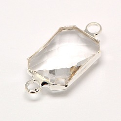 Clear Silver Color Plated Brass Glass Faceted Rectangle Links connectors, Clear, 20x10x5mm, Hole: 2mm