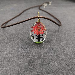 Красный Овальный кулон в виде дерева из сушеных цветов с внутренней стеклянной вставкой из сплава и проволоки, на вощеном шнуре, для женщин., античная бронза, красные, 17.72 дюйм (45 см)