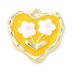 Yellow Alloy Enamel Pendants, Golden, Heart with Flower Charm, Yellow, 18x18x3mm, Hole: 1.6mm