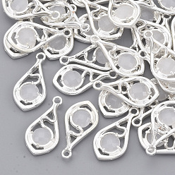 White Faceted Glass Pendants, with Eco-Friendly Alloy Open Back Settings, Nickel Free, Teardrop, Silver Color Plated, White, 21x11x3.5mm, Hole: 1.6mm