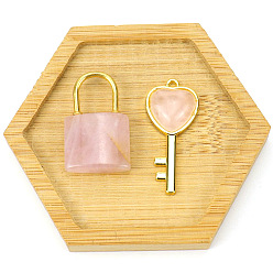 Розовый Кварц Подвески для пар из натурального розового кварца, Подвески на замок и ключ с позолоченными деталями из сплава, заблокировать: 30x20 мм, Ключ: 47x15 мм