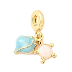 Настоящее золото 18K Латунные европейские подвески с подвесками, с небесно-голубой эмалью, Подвески с большими отверстиями, без кадмия и без свинца, панцирь и черепаха, реальный 18 k позолоченный, 27 мм, отверстие : 4.5 мм