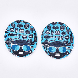Colorful Printed Wooden Big Pendants, Dyed, Oval, Colorful, 63x50x2.5mm, Hole: 1.2mm