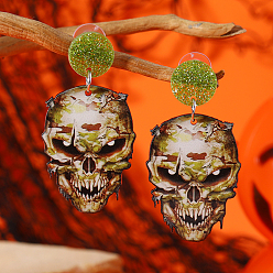 Цвет Древесины Акриловые серьги-гвоздики с принтом черепа на Хэллоуин, деревесиные, 56x29 мм