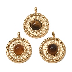 Tiger Eye Natural Tiger Eye Pendants, 304 Stainless Steel Flat Round Bezeled Charms, Ion Plating(IP), Real 14K Gold Plated, 14~14.5x11.5x3.5~4mm, Hole: 1.2~1.6mm