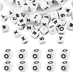Letter O 20шт. белые кубические силиконовые бусины в форме букв, Бусины в виде букв алфавита для изготовления браслетов и ожерелий., фокусные бусы, Письмо O, 12x12x12x12 мм, отверстие : 2 мм