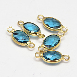 Deep Sky Blue Oval Faceted Golden Brass Glass Links connectors, Deep Sky Blue, 15x7x3.2mm, Hole: 1mm
