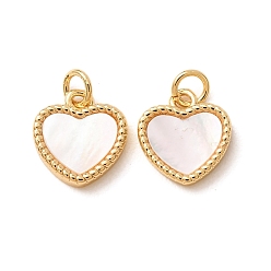 Real 18K Gold Plated Brass & Natural White Shell Pendants, Twisted Rope Edge Heart Charm, Long-Lasting Plated, Cadmium Free & Lead Free, Real 18K Gold Plated, 13x12x3mm, Hole: 3mm